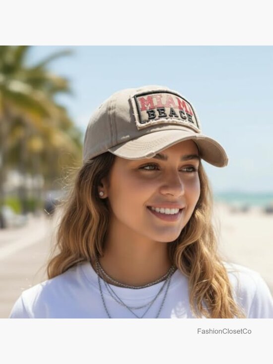 Vintage Distressed Washed Embroidered Miami Beach Trucker Hat Adjustable